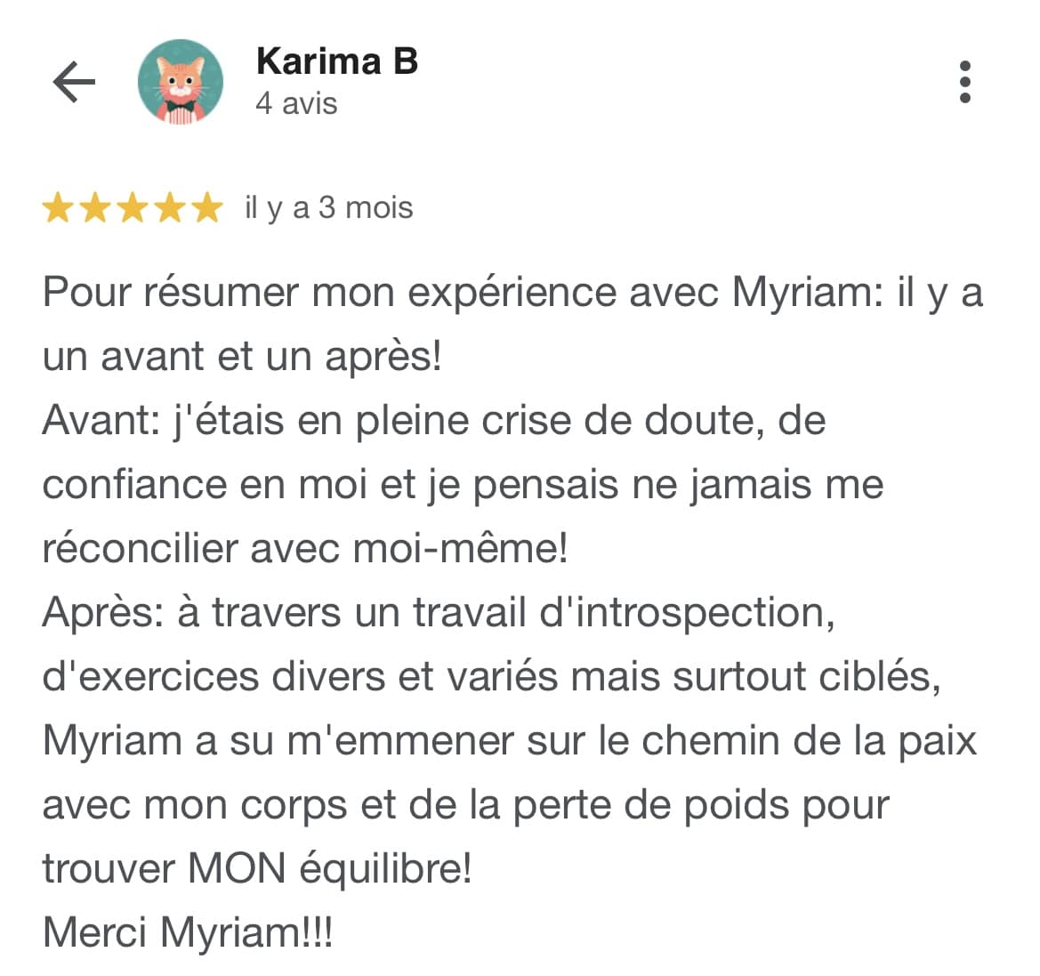 Avis google 5 étoiles- Karimaperte du poids définitivement